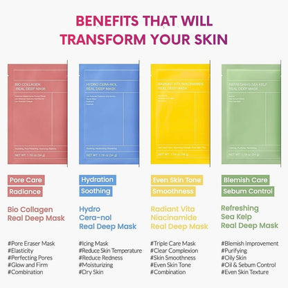 Four different colored face mask packages with text highlighting their benefits on a white background.