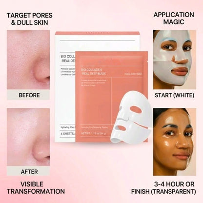 Collagen sheet mask packaging with before and after effects on skin, application steps, and transformation.